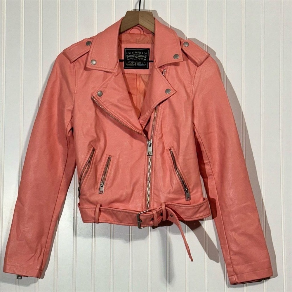 Levi's Women's XS Pink Faux Leather Moto Jacket Belted Biker Coral Cropped